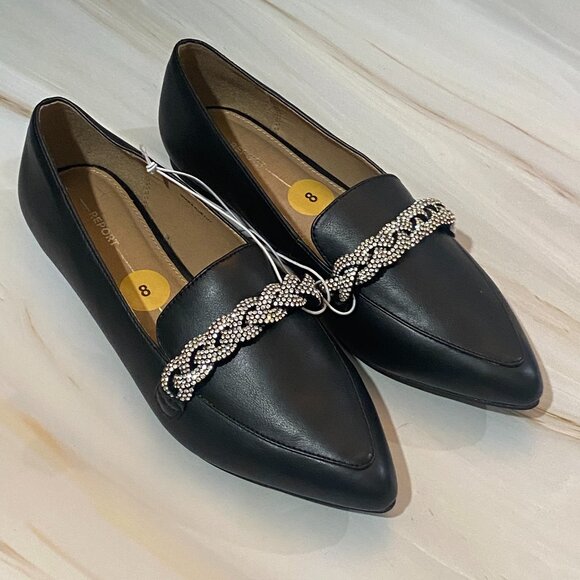 NWT Report Ruethy Rhinestone Black Loafers Pointed Flats Size 8 Solid Black - Picture 1 of 6